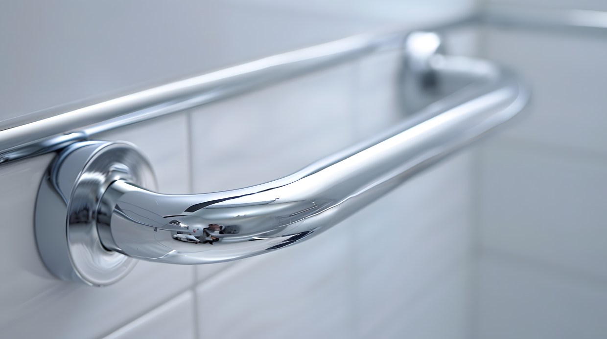 Close-up Image of a Curved Chrome Grab Bar for Bathroom Safety. Concept Bathroom Safety, Chrome Grab Bar, Close-up Photography